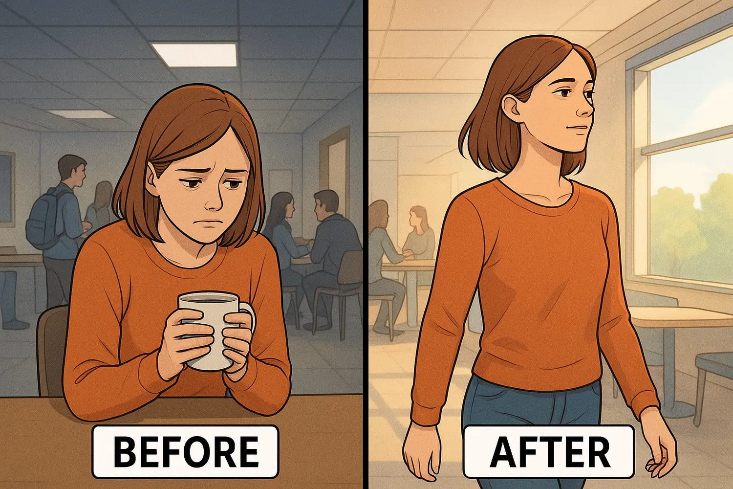 Young woman transforming from hurt and isolated to calm and confident in a bright university setting