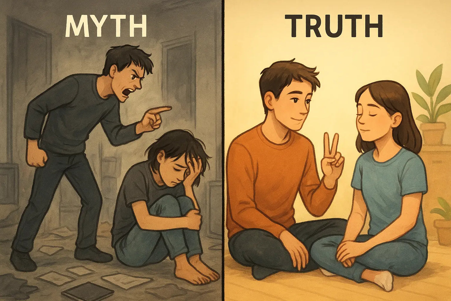 Two young adults sitting calmly on the floor, one taking a deep breath while the other offers supportive choices, demonstrating the Stop Think Act method