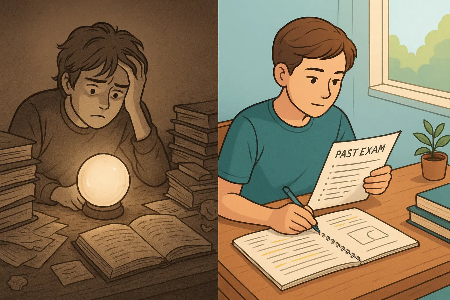 Student comparing past exam papers with highlighted notes at organised desk, planning strategic answers confidently