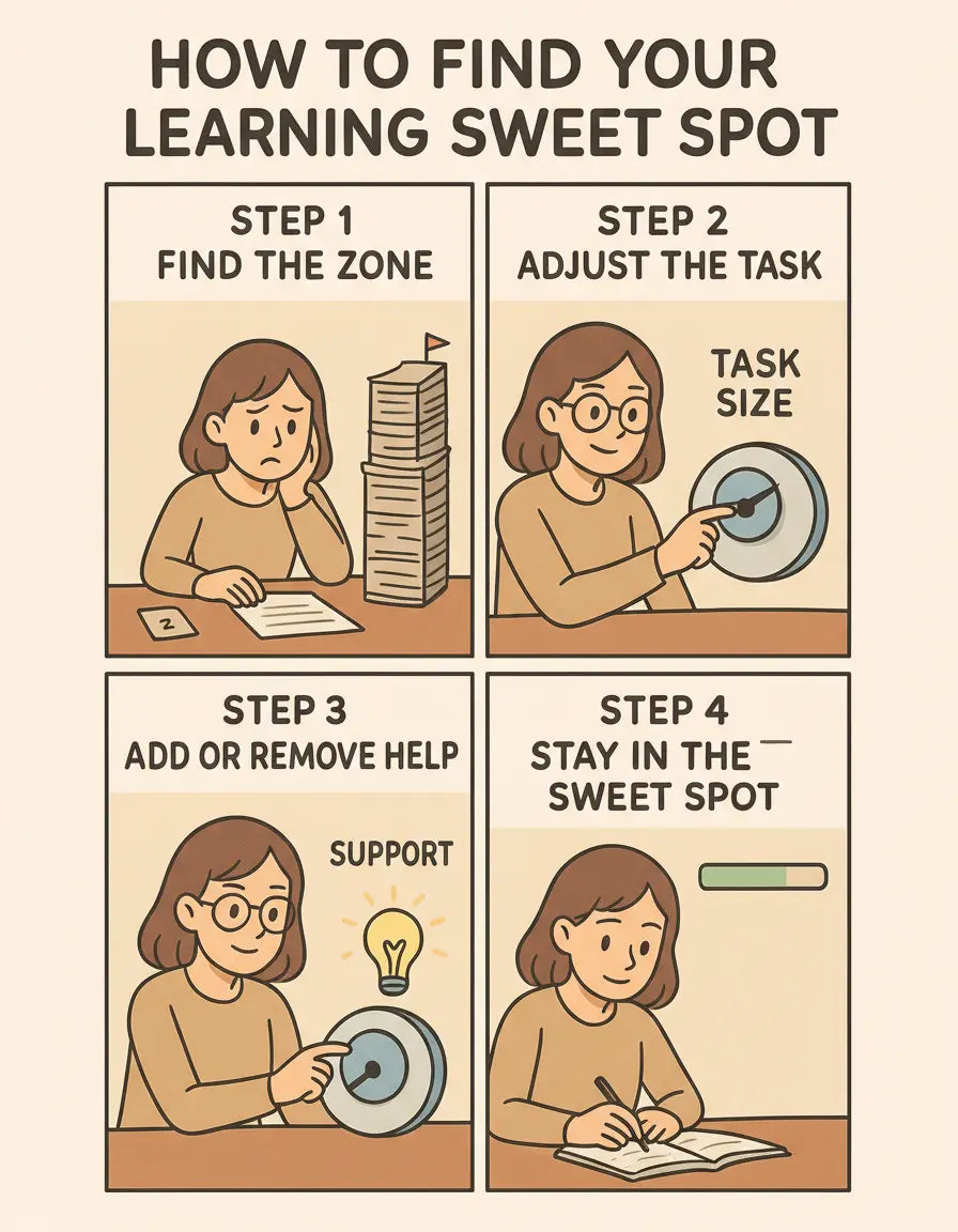 A student adjusting study task difficulty using metaphorical control dials, moving from frustration to focused productivity in their learning sweet spot.