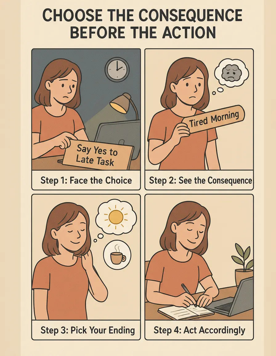 A four-panel comic showing a woman choosing her desired outcome before taking action, using the metaphor of a stick to illustrate consequences.