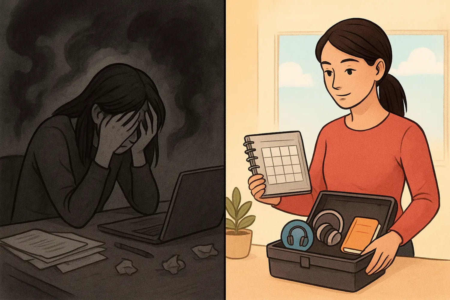 Split image showing woman's journey: left side in monochrome showing shame, right side in colour showing confidence with support toolkit