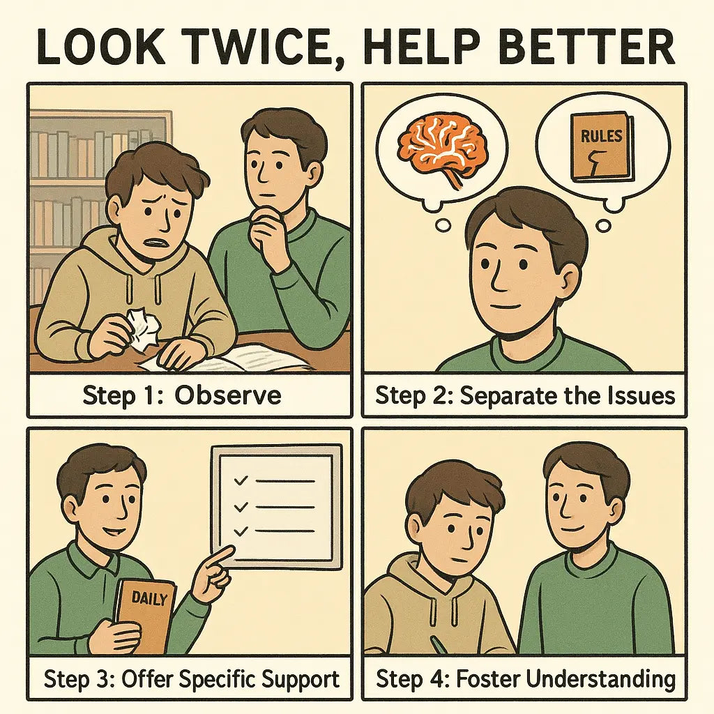 Four-panel guide showing a mentor helping a student distinguish neurodivergent challenges from rule-breaking patterns through observation and targeted support