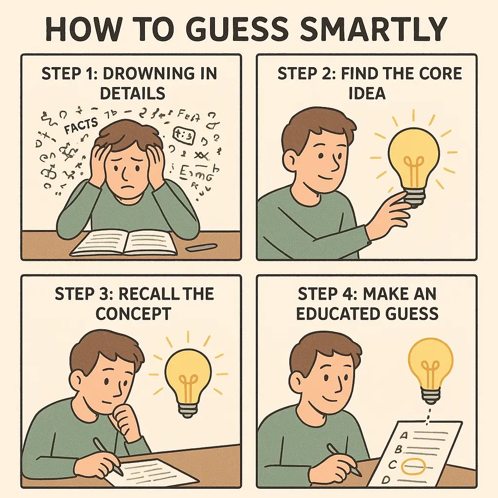 Four-panel comic showing student's journey from drowning in study details to confidently solving exam problems using core concepts