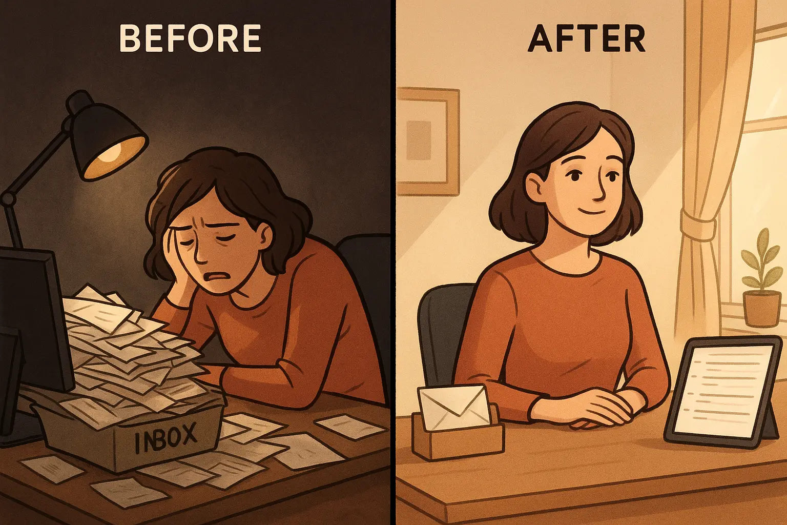 Split-panel illustration showing a woman's transformation from overwhelmed by paperwork to calm with an organised digital and physical system.