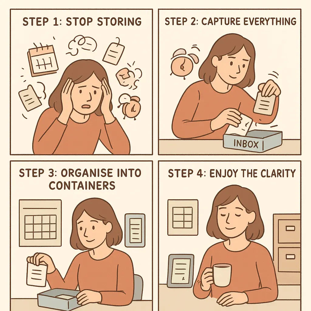 A four-panel comic showing a woman's transformation from mental clutter to calm clarity by organising tasks into external tools.