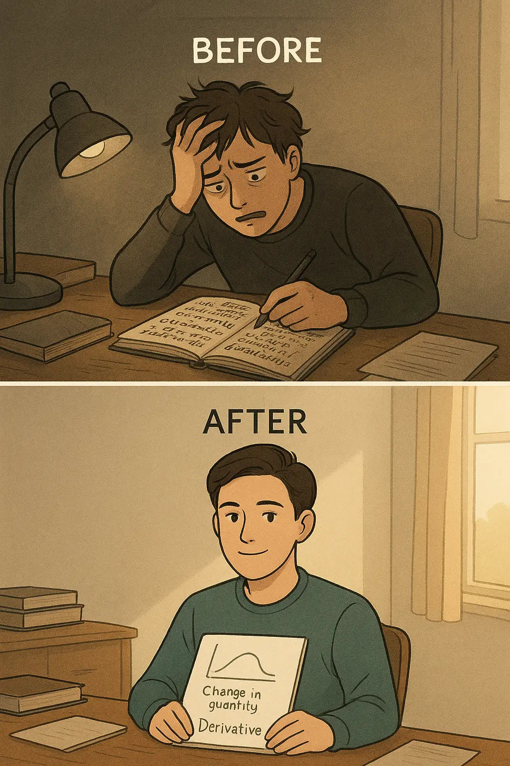 Student at tidy desk with organised notes mixing simple language and technical terms, looking calm and confident in bright morning light