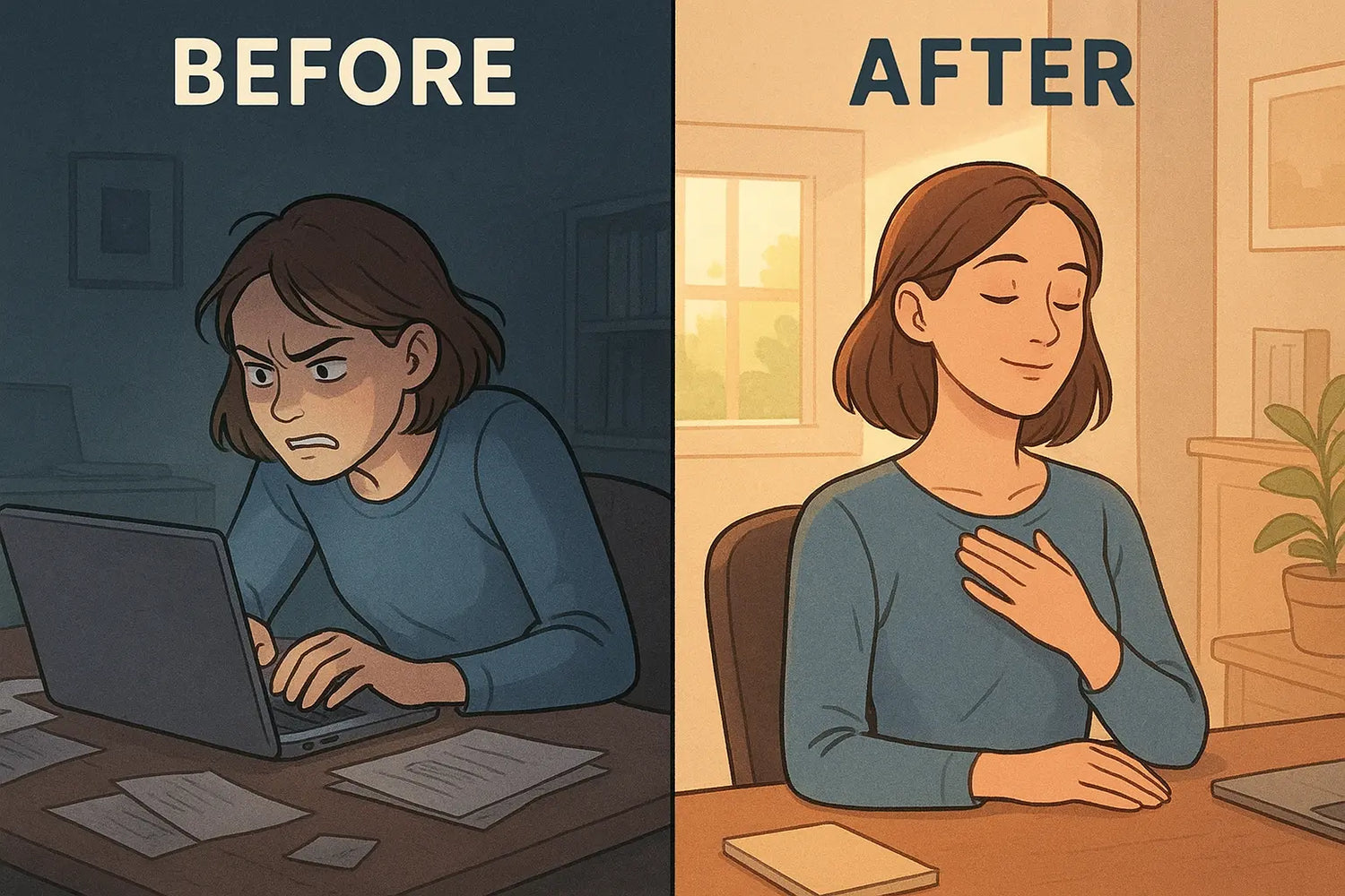 Split panel showing a woman's transformation from stressed and reactive at her desk to calm and centred, illustrating the power of a one-minute body scan.