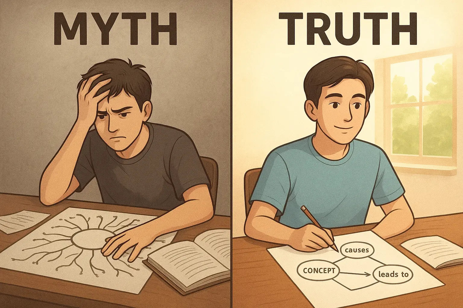Student comparing a confusing mind map with a clear, organised concept map showing labelled relationships between ideas