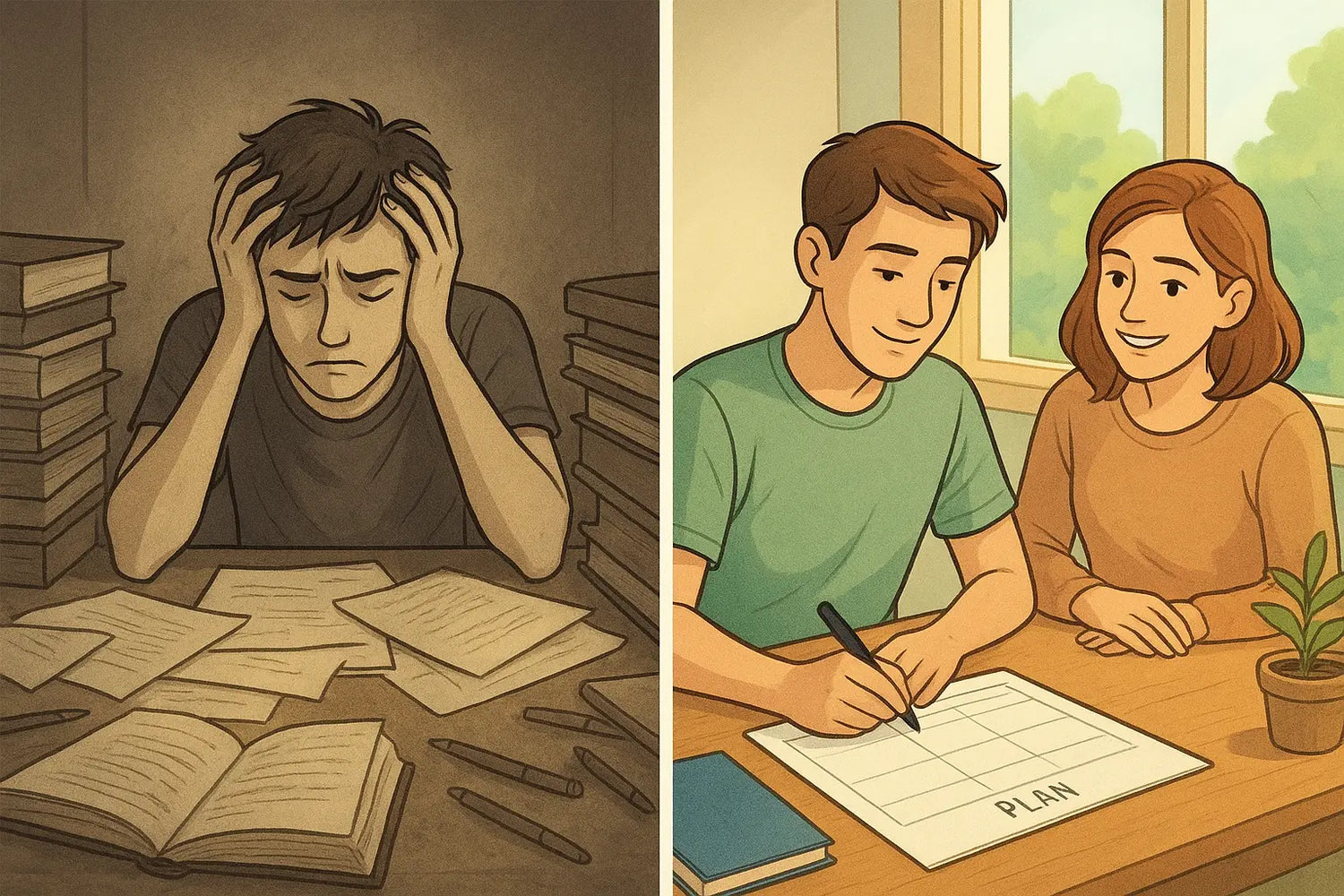 Side-by-side comparison showing a stressed student at a messy desk versus the same student calm and organised using a one-page planner.