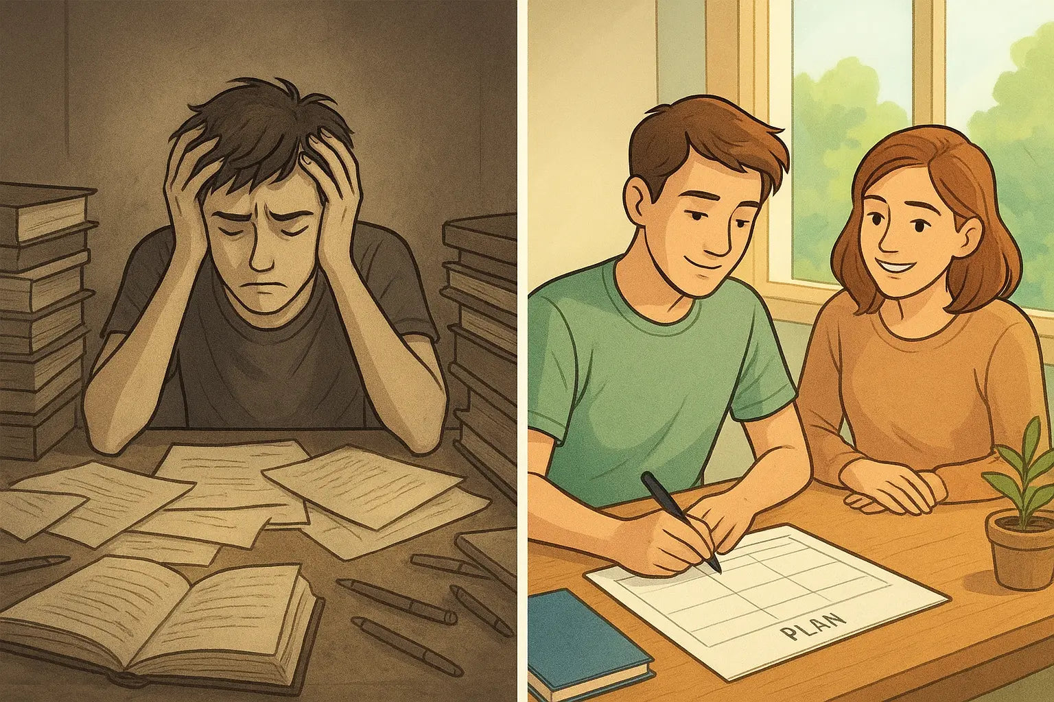 Side-by-side comparison showing a stressed student at a messy desk versus the same student calm and organised using a one-page planner.