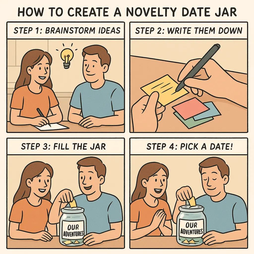 A couple happily creating their novelty date jar together at a kitchen table, surrounded by colourful paper slips and ideas.