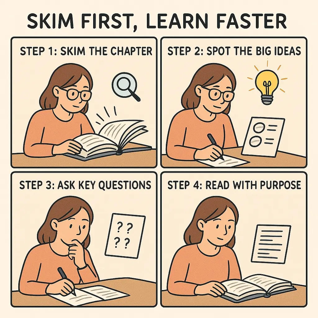 University student with glasses confidently reading textbook with notepad showing key ideas and questions beside book