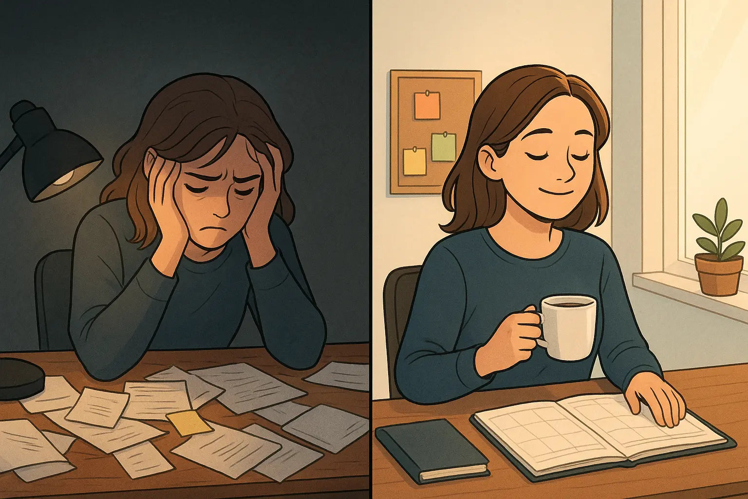 Split-panel showing a woman's transformation from overwhelmed at a messy desk to calm with organised planning tools and message centre