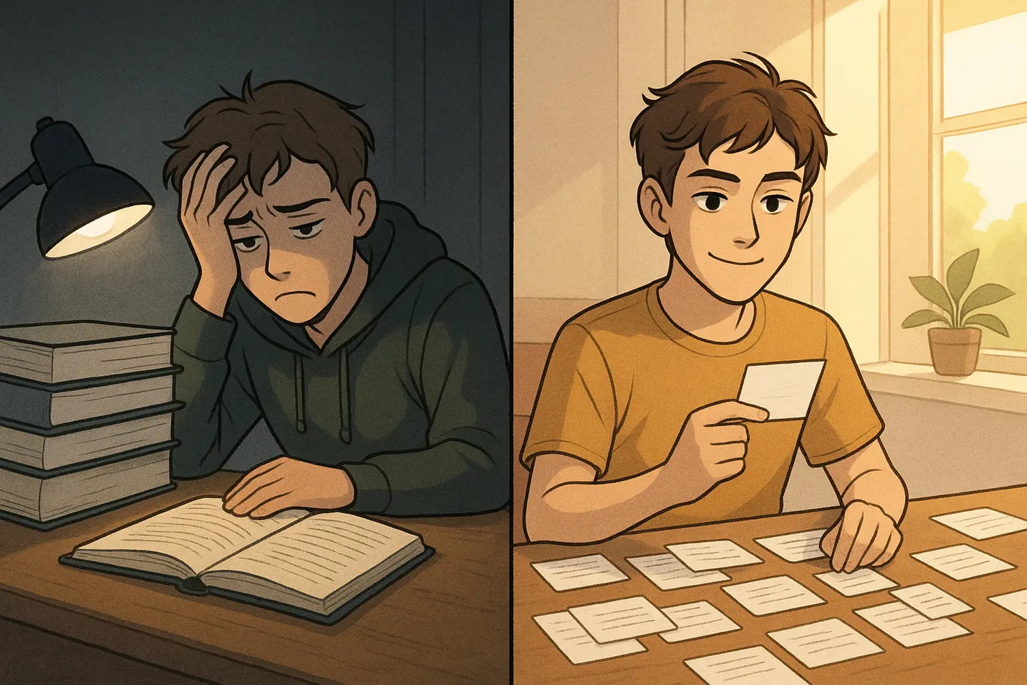 Split-panel showing student frustrated with sequential notes transforming to confident with shuffled study materials