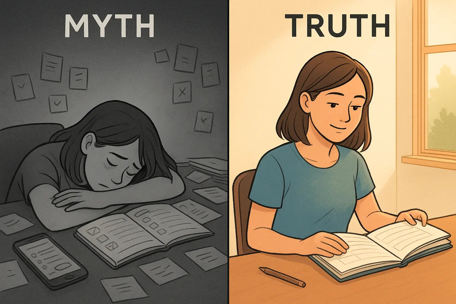 A woman at her desk in two contrasting scenes: one overwhelmed by productivity tools in monochrome, the other calm and focused in bright colours.