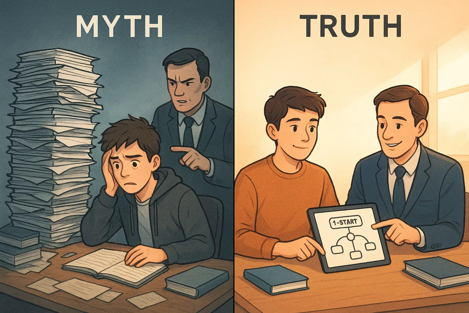 A comparison showing a stressed student with a controlling manager versus a calm student working with a collaborative manager and clear plan.