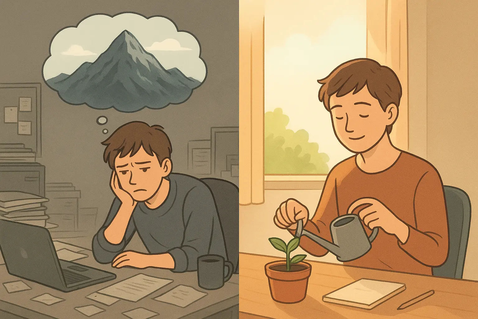 Split illustration showing stressed person dreaming of mountain hikes versus calm person watering a desk plant for focus