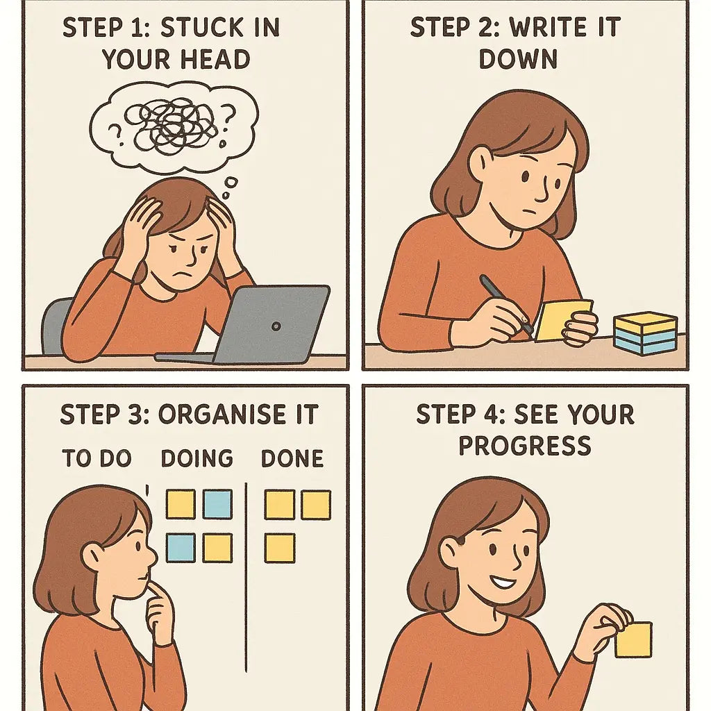 Four-panel comic showing woman progressing from mental overwhelm to organised task completion using sticky notes and columns