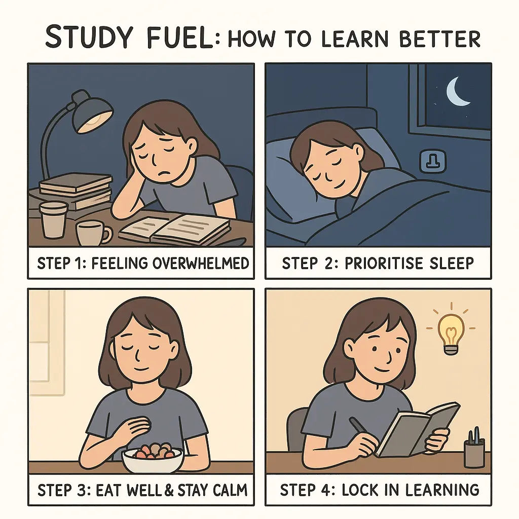 Four-panel comic showing student transforming from tired and stressed to focused and confident through sleep, healthy eating and calm breaks.