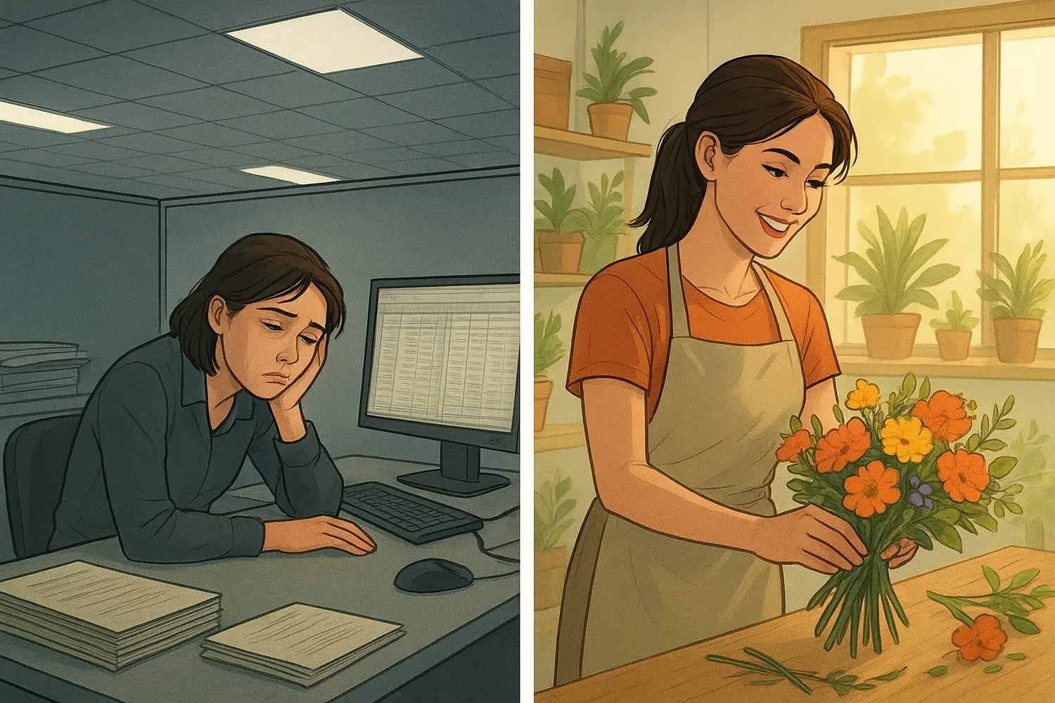 Woman transforming from frustrated office worker to happy florist, illustrating the power of finding brain-friendly work