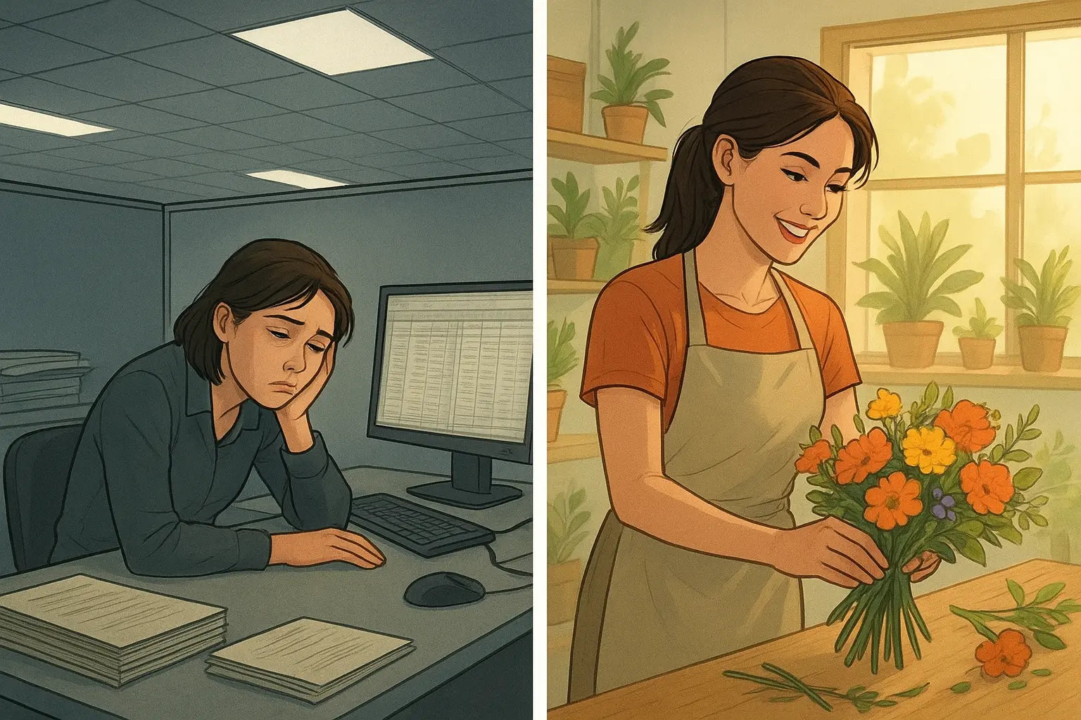 Woman transforming from frustrated office worker to happy florist, illustrating the power of finding brain-friendly work