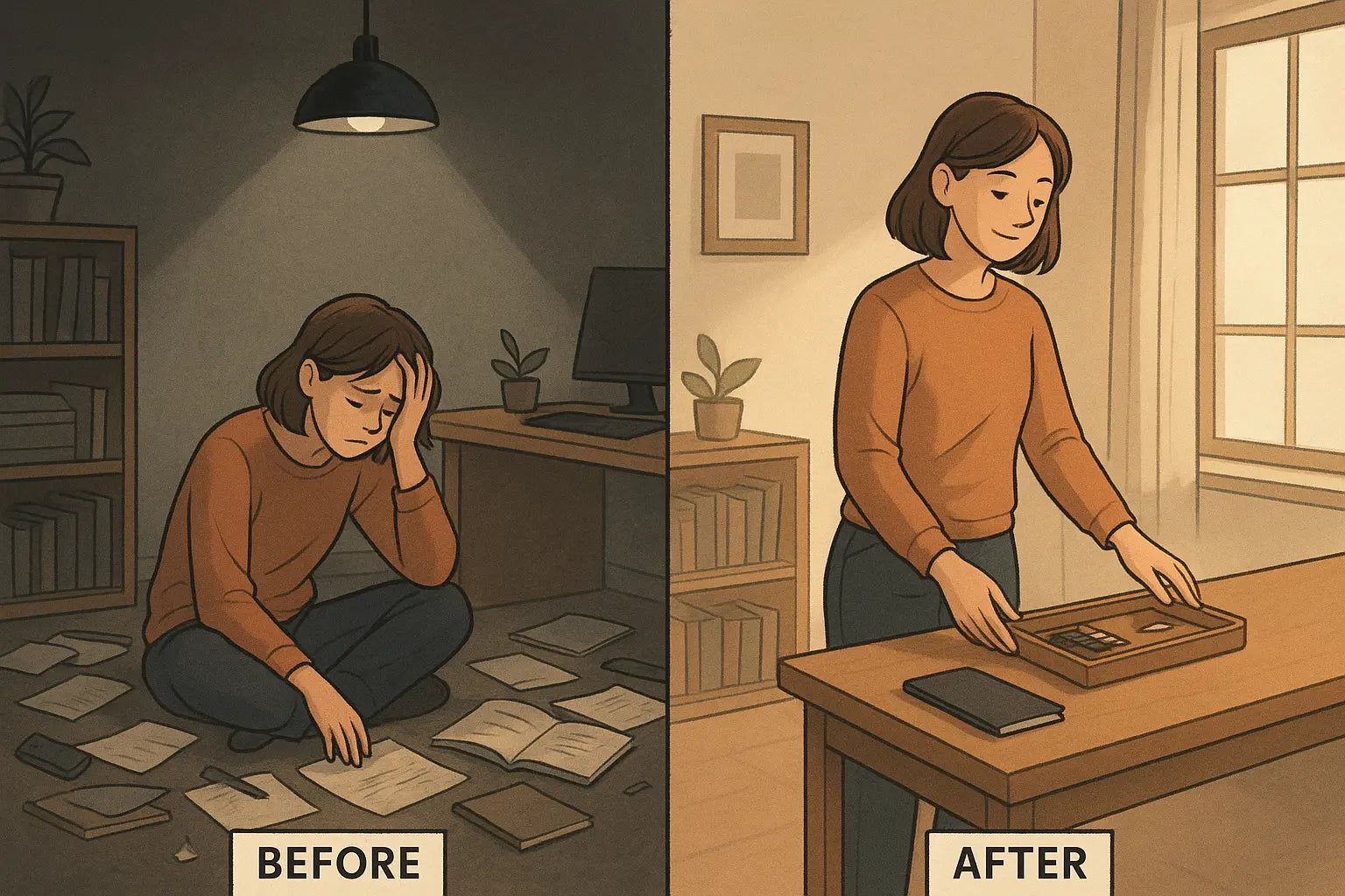 Woman calmly placing a small wooden tray on her tidy desk, showing the power of one small organisational adjustment.