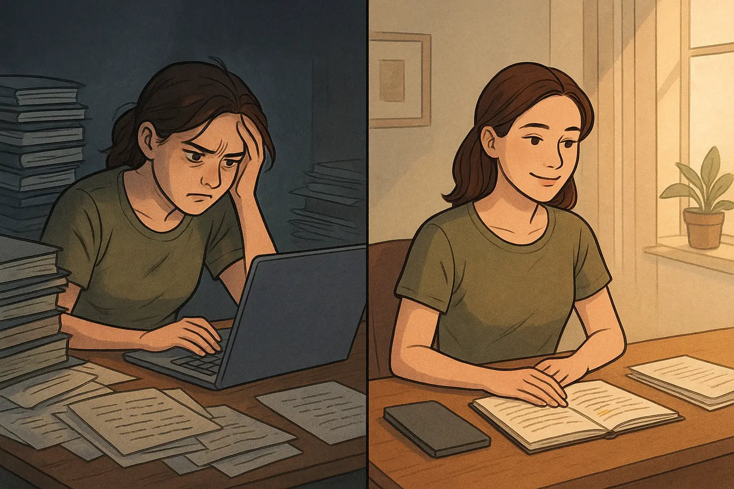 Student transformation from overwhelmed by messy research piles to calm and organised with neat annotated sources, ready to write