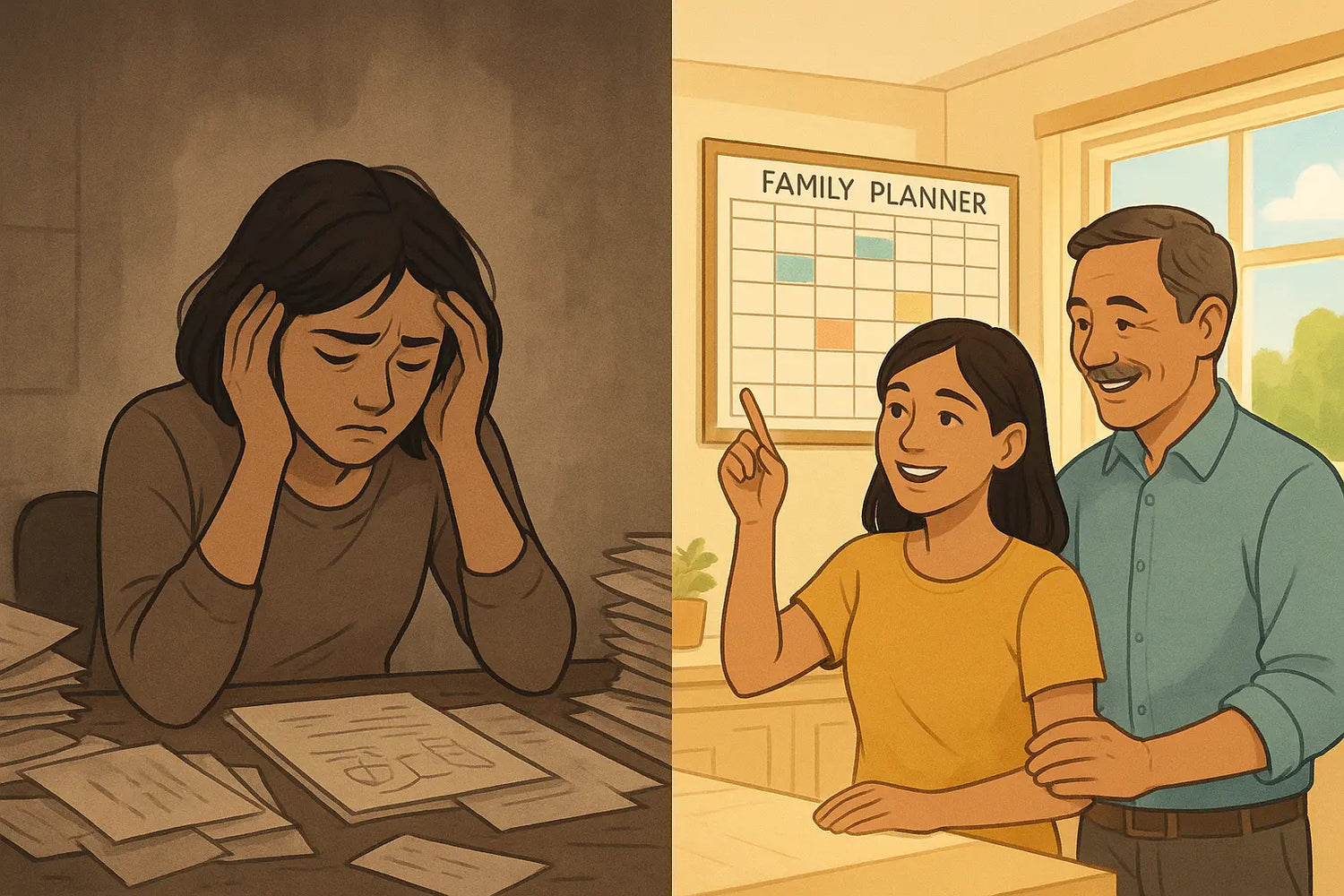 Woman and father using shared family planner, illustrating how understanding genetic attention patterns brings relief and teamwork