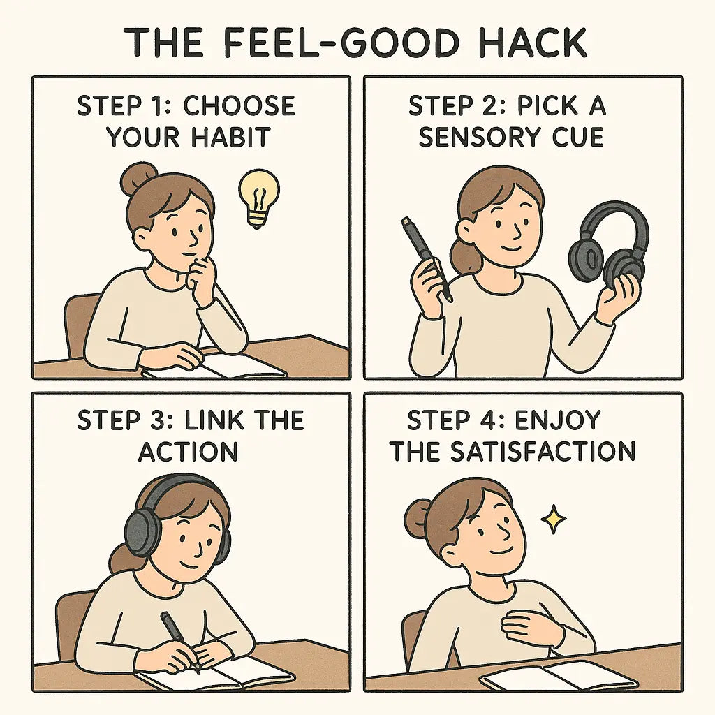 Four-panel comic showing a woman building a writing habit by pairing it with a nice pen and music, creating positive reinforcement