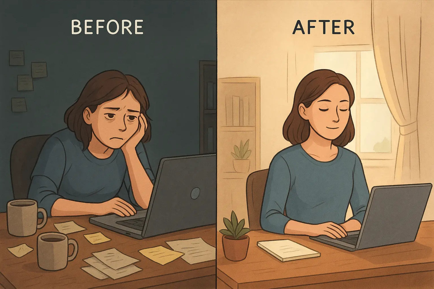 Before-and-after split panel showing a woman transforming from overwhelmed at a messy desk to calm and focused at an organised one.