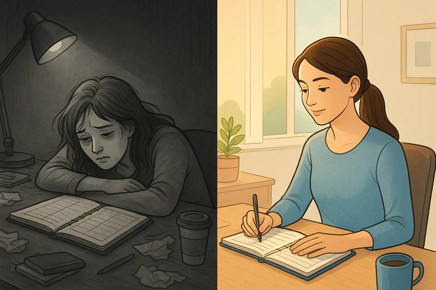 A woman transforms from feeling drained at a cluttered desk to calm and motivated at an organised workspace, showing the power of mindset shift.