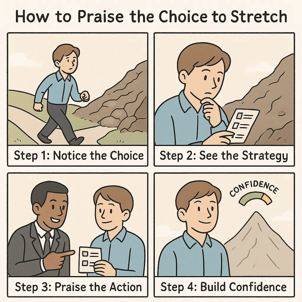 Four-panel comic showing a professional choosing a difficult path, planning their strategy, receiving specific praise, and gaining confidence for future challenges.