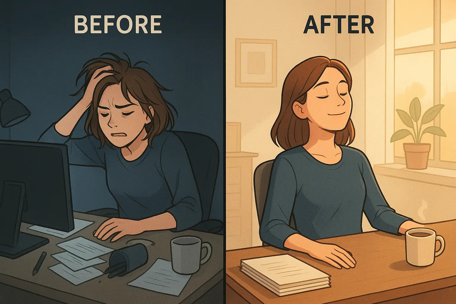 A woman at her desk transforms from stressed and overwhelmed to calm and reflective with an organised workspace.