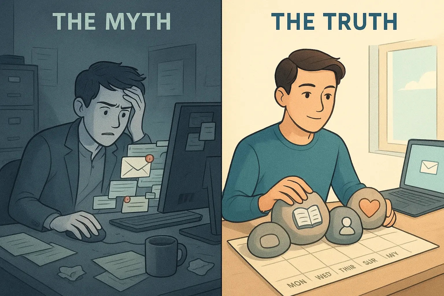 Split image showing stressed professional overwhelmed by emails versus calm person planning their week with priority tasks