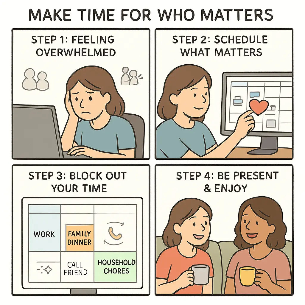 Four-panel comic showing a woman transforming her cluttered work calendar into an organised schedule with protected time for family and friends
