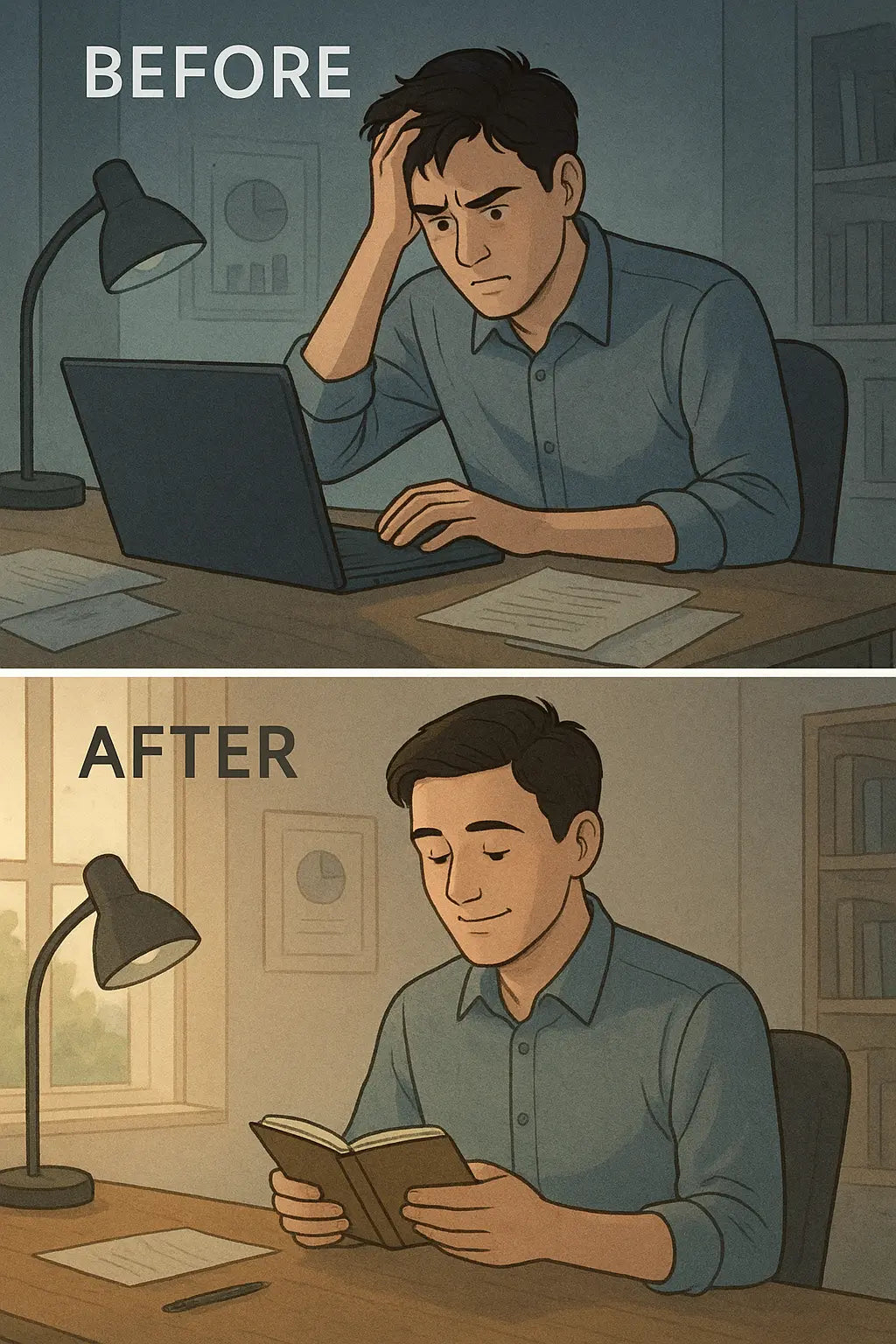 A man transforms from confused to calm while reading his decision log in a tidy home office with warm morning light.
