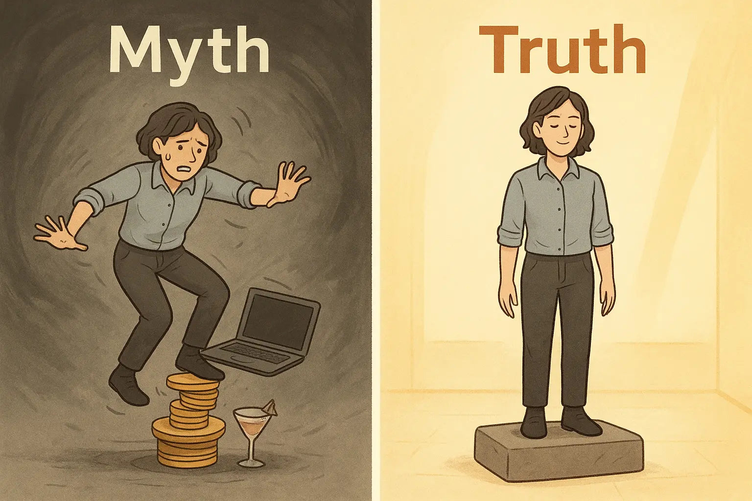 Contrasting illustration showing a stressed person balancing on wobbly objects versus calmly standing on a solid foundation in vibrant colours