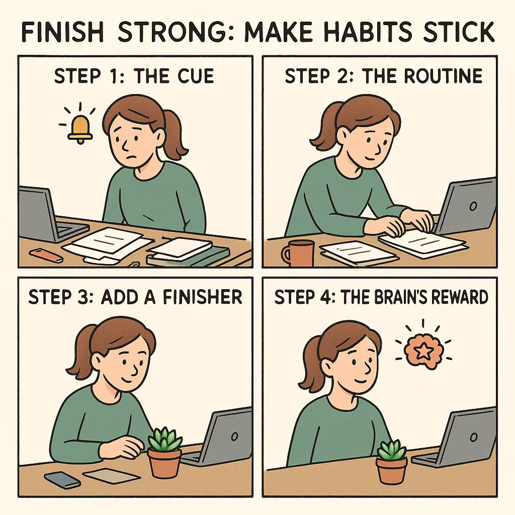 Four-panel comic showing a woman tidying her desk, adding a succulent plant as a satisfying finish, while her brain registers the positive completion.