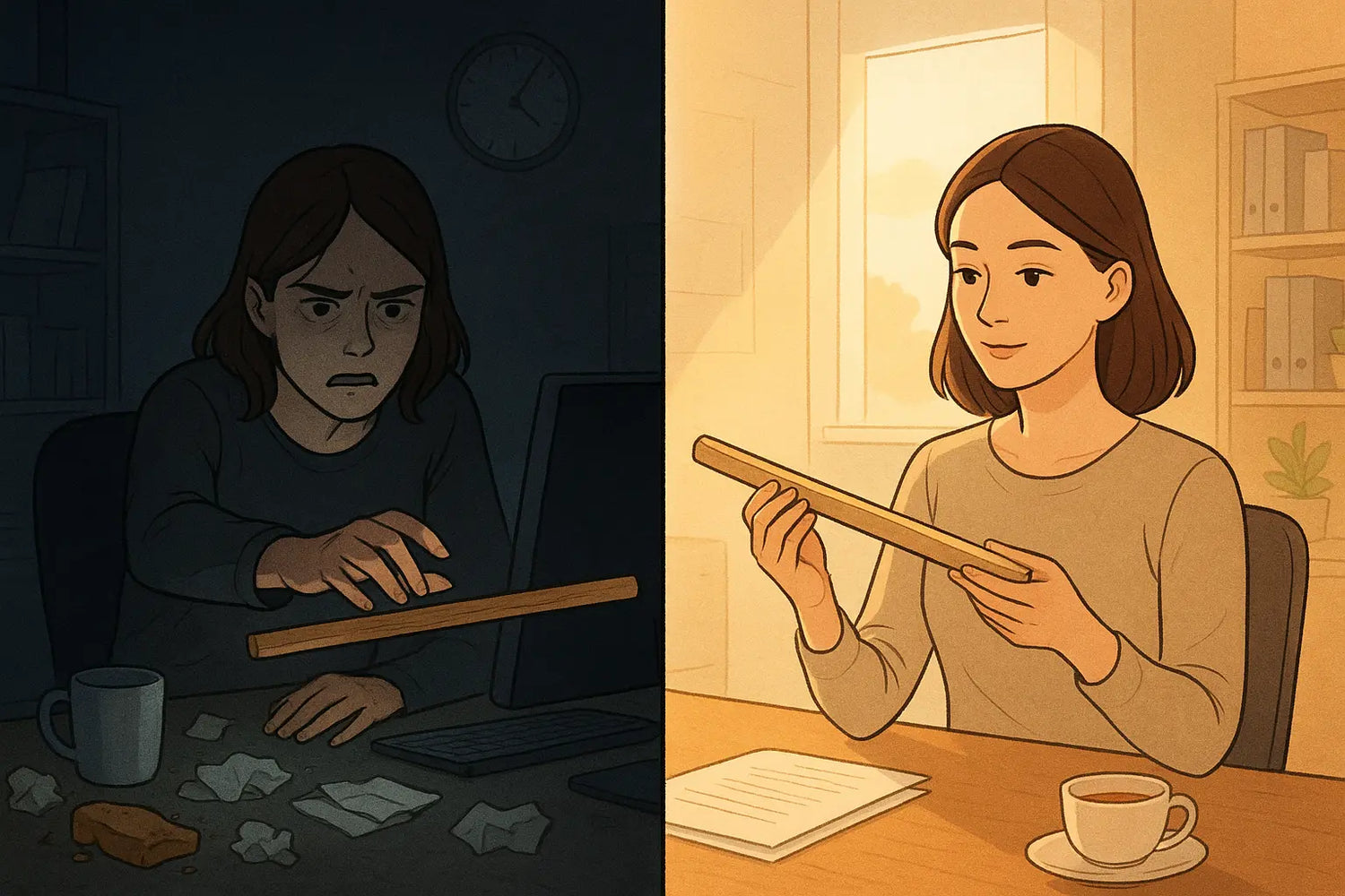 A woman thoughtfully examining both ends of a decision stick in a bright, organised office, symbolising intentional choice-making.