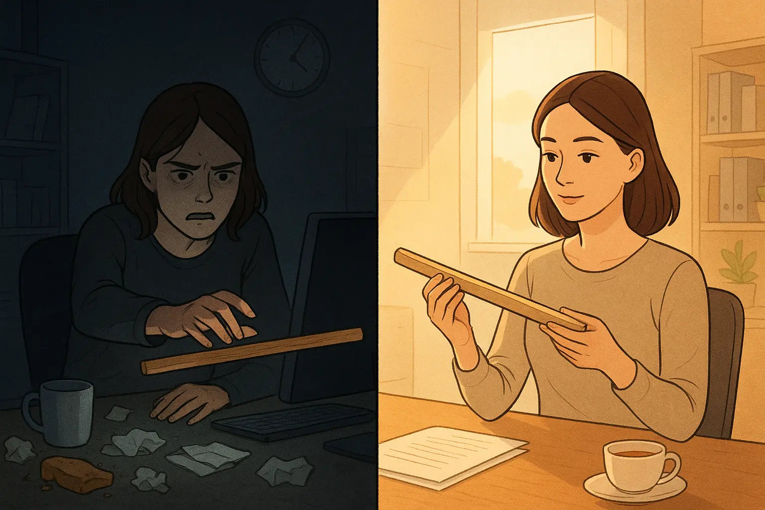 A woman thoughtfully examining both ends of a decision stick in a bright, organised office, symbolising intentional choice-making.