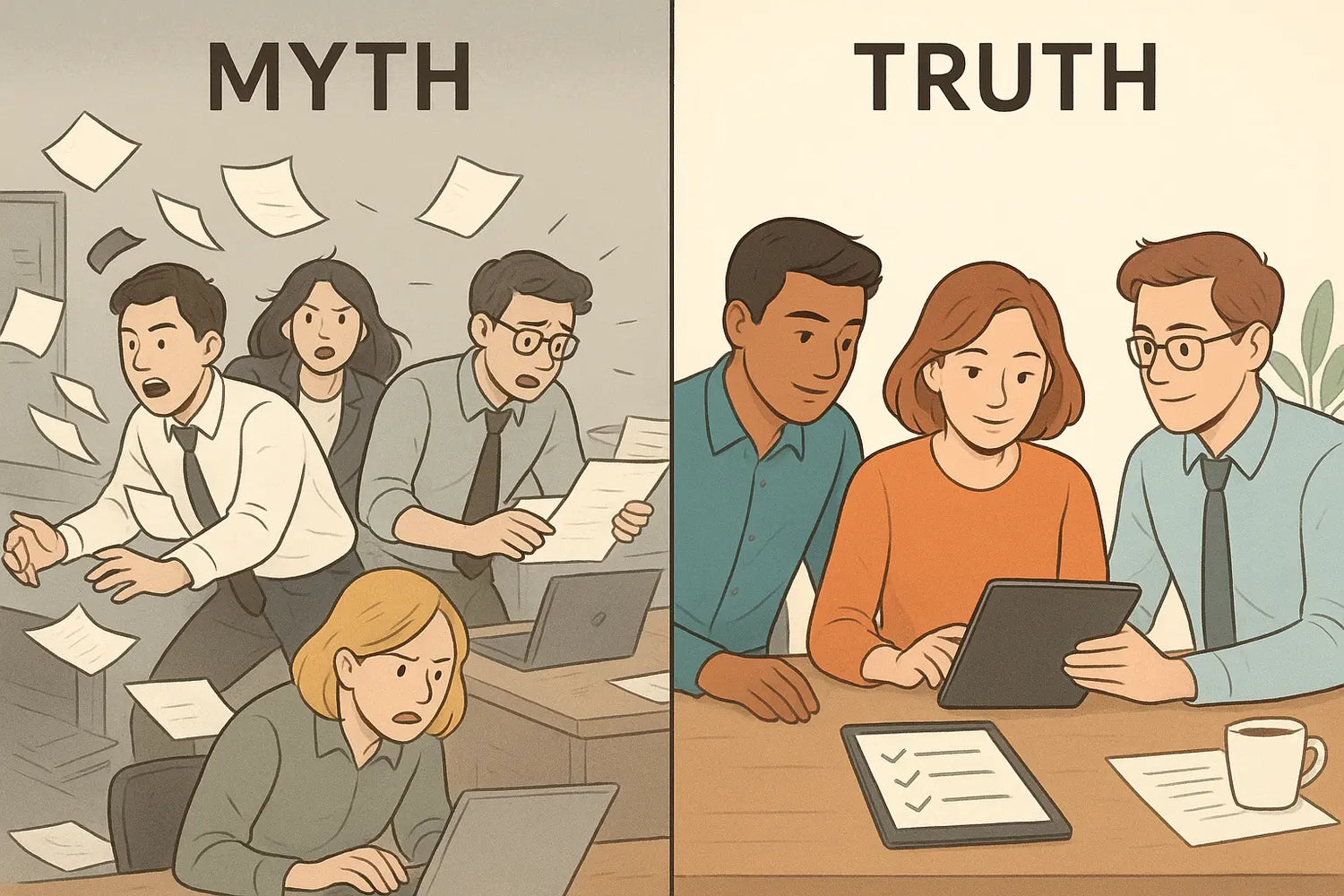 Two panels compare chaotic, stressed team rushing in messy office versus calm, focused team collaborating around checklist in organised workspace