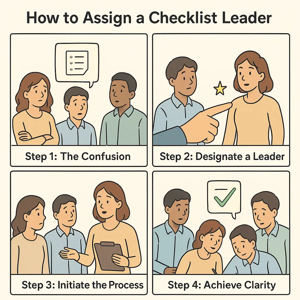 Four-panel comic showing a team transforming from confusion to clarity by designating a checklist leader in a modern office setting.