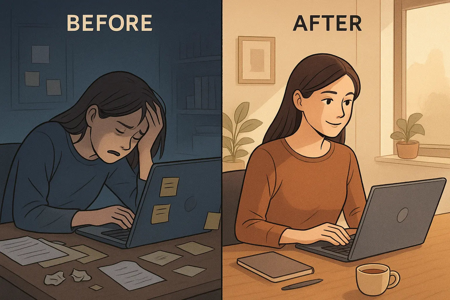 Split panel showing stressed woman overwhelmed by emails transforming into calm, focused woman working on meaningful project at organised desk