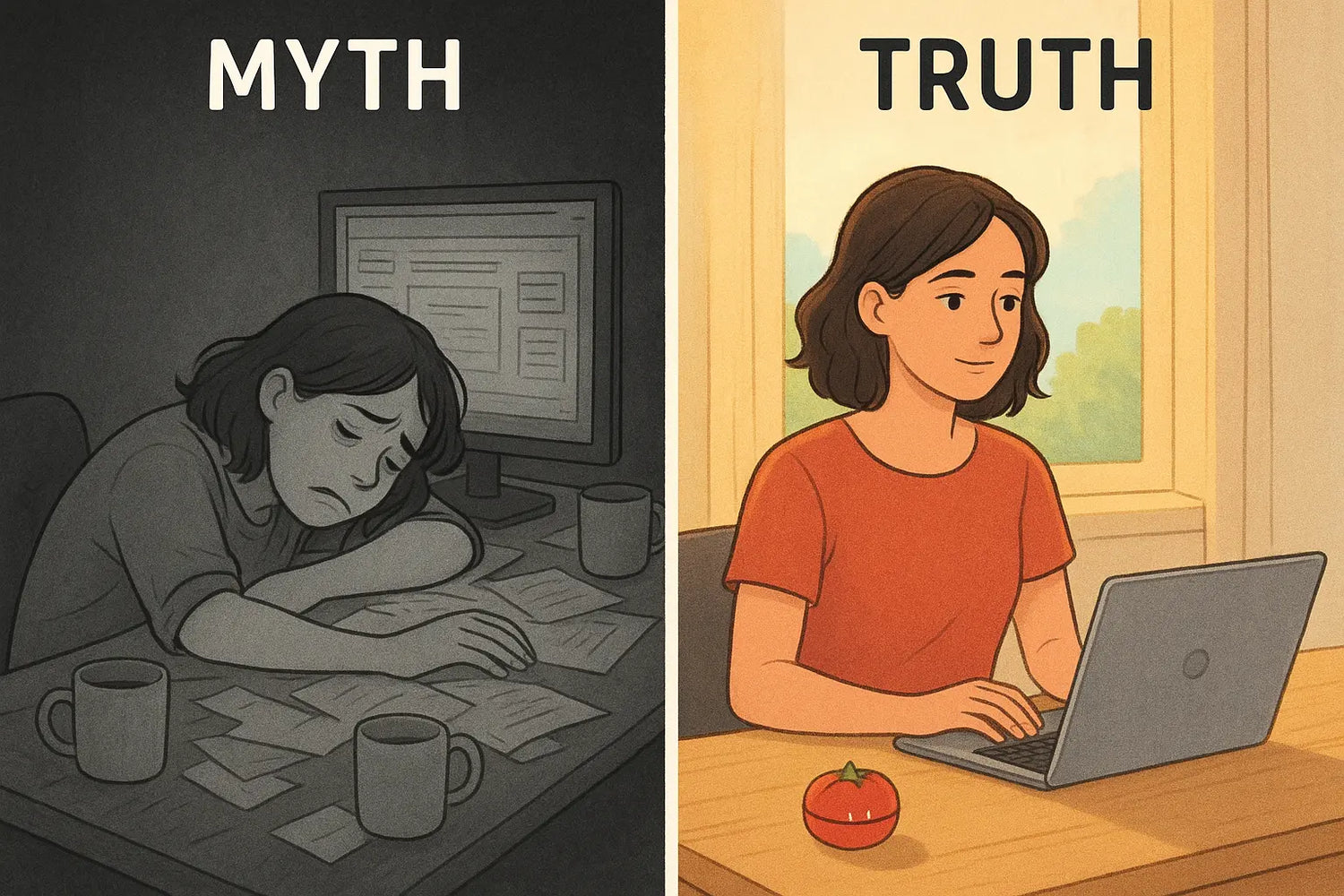 Woman working calmly with a tomato timer at an organised desk, contrasted with overwhelmed worker in chaos