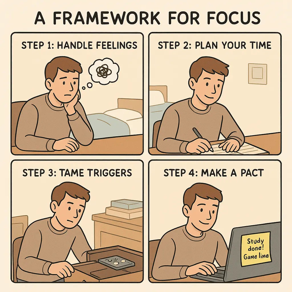 Four-panel comic showing a young adult learning a focus framework: acknowledging feelings, planning time, removing distractions, and making a commitment.
