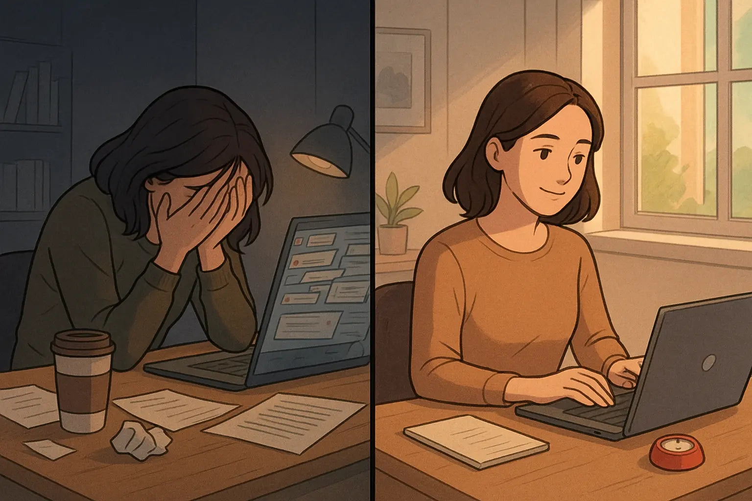 Before and after illustration showing a woman's transformation from overwhelmed at a messy desk to calm and focused at an organised desk with a timer