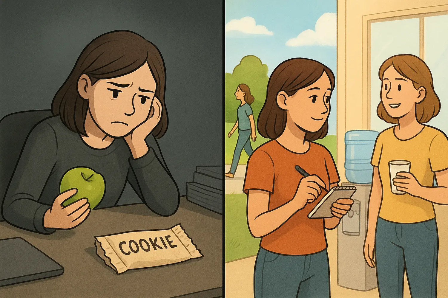 Split illustration showing a frustrated woman guessing at habits versus the same woman calmly testing different rewards through walking and chatting.
