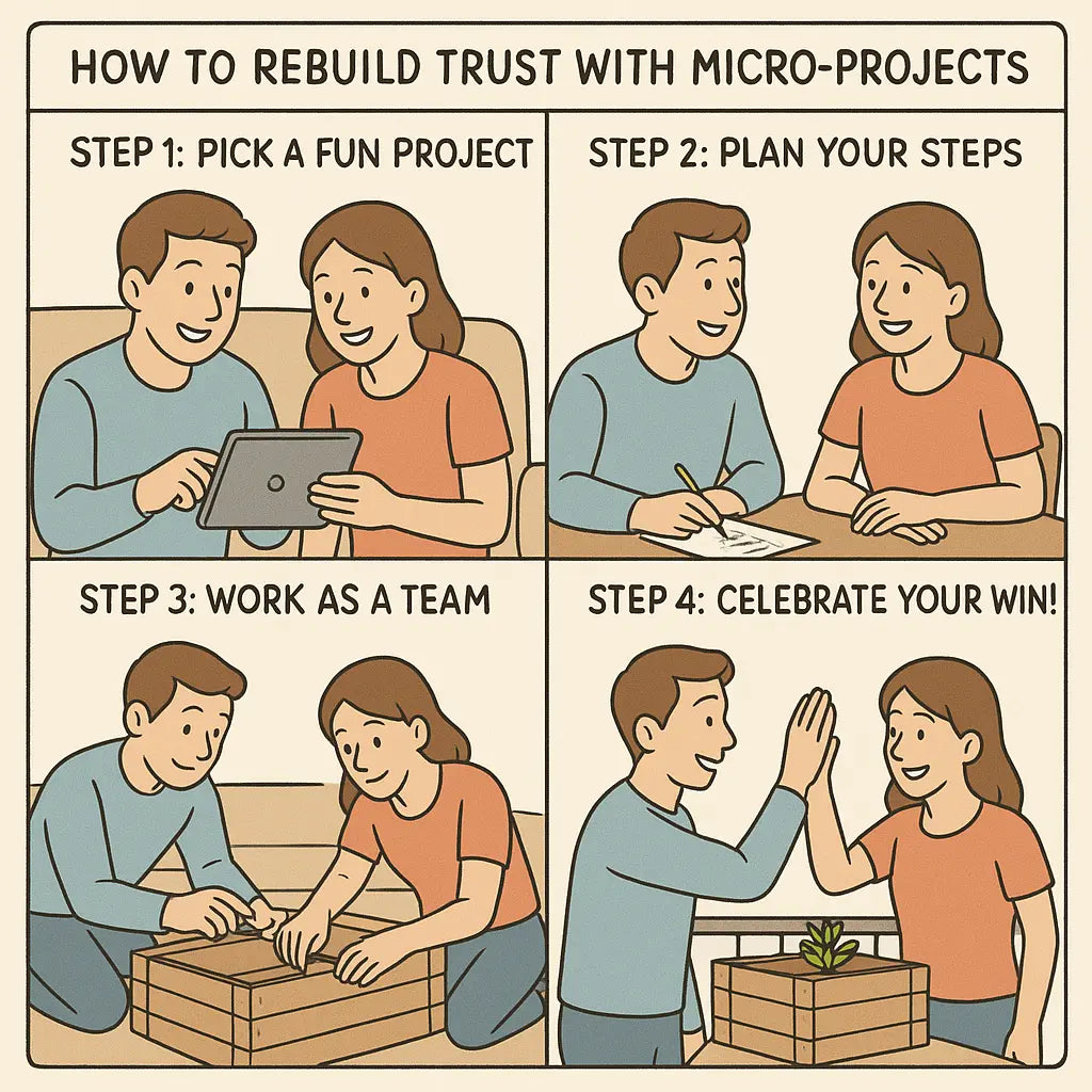 Four-panel comic showing a couple rebuilding trust by choosing, planning, building, and celebrating a planter box project together