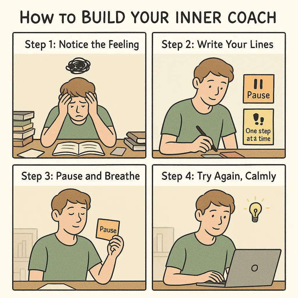 A four-panel comic showing a young adult building their inner coach: noticing overwhelm, writing encouraging notes, pausing to breathe, and returning to work with renewed focus.